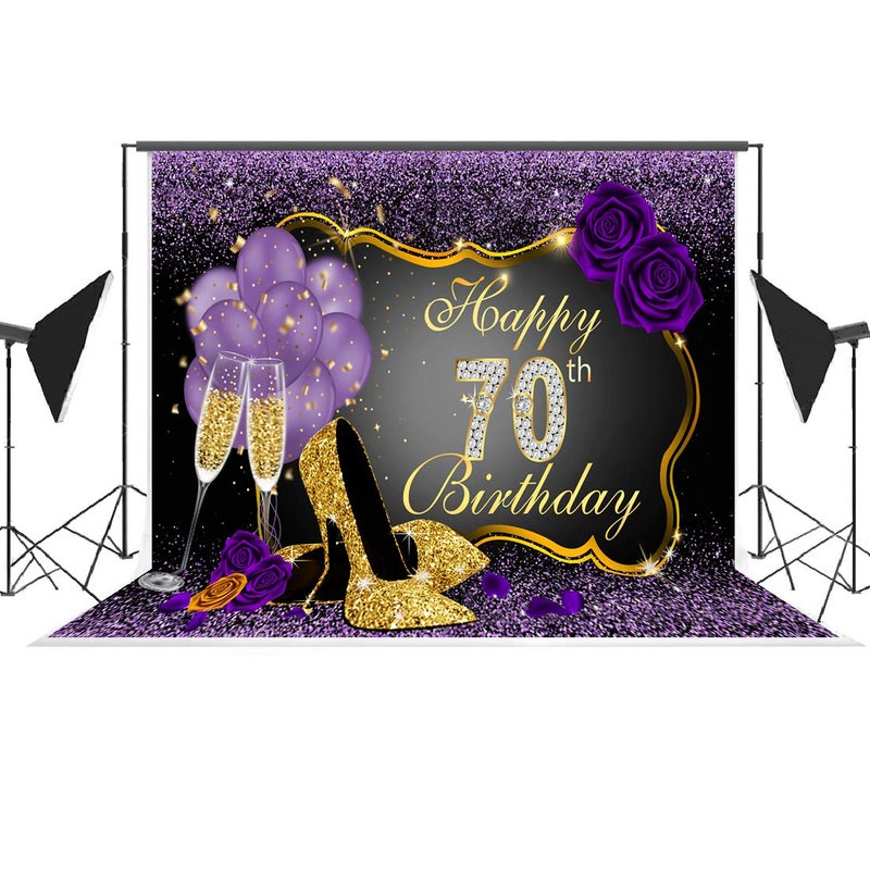 LoveInM Happy 70th Birthday Backdrops Shining Purple Dots and Gold Frame Photography Background for Party Decorations Rose Floral Balloons Heels Champagne Glass Party Banner Supplies Photo Studio Props 7x5ft - Image 4